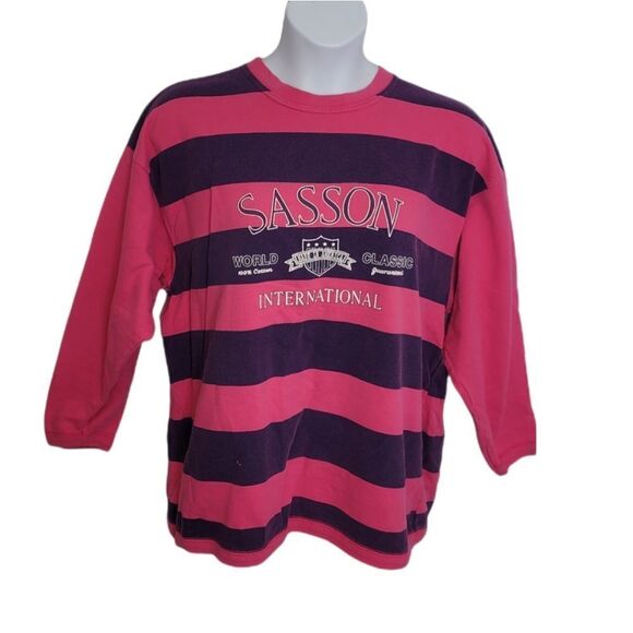 Vintage Tops - VINTAGE 80s/90s shirt pink and‎ purple striped long sleeve crew neck rugby L